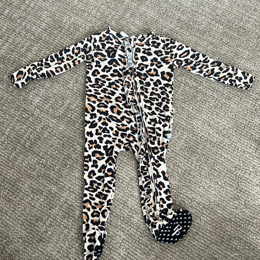 Posh Peanut Footie Ruffled Zipper One Piece Pajamas in Lana Leopard Tan